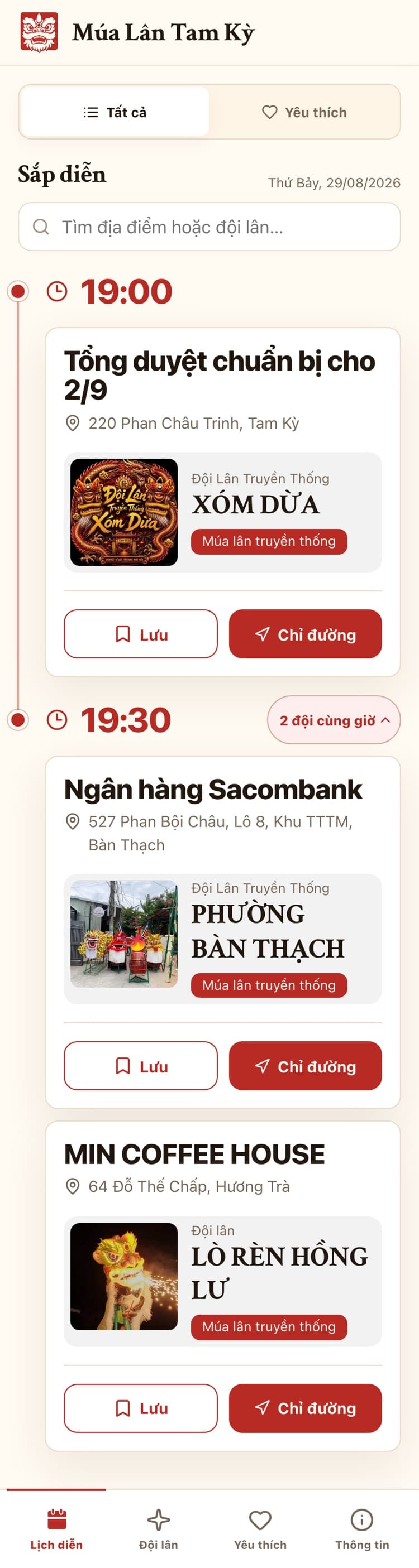 Trang chủ lúc ra mắt: lịch diễn ngày 29/8/2026 với ba suất, thanh điều hướng Lịch diễn, Đội lân, Yêu thích, Thông tin